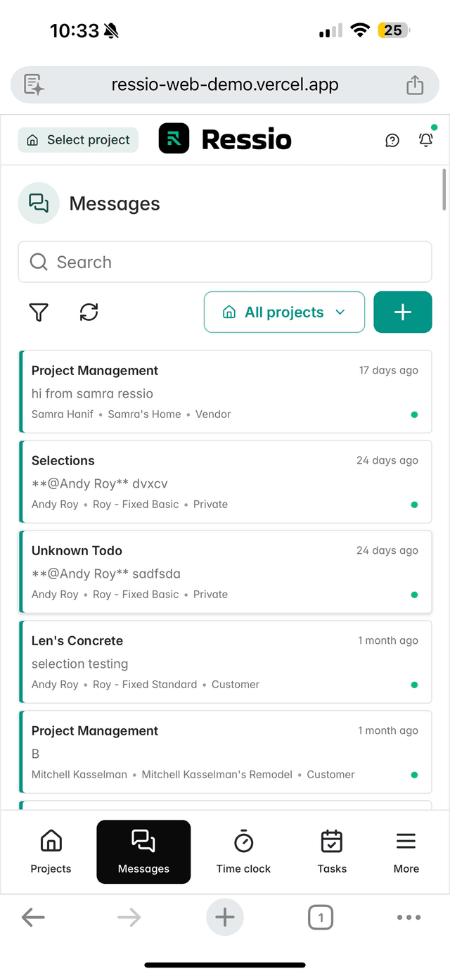 Ressio messaging on mobile