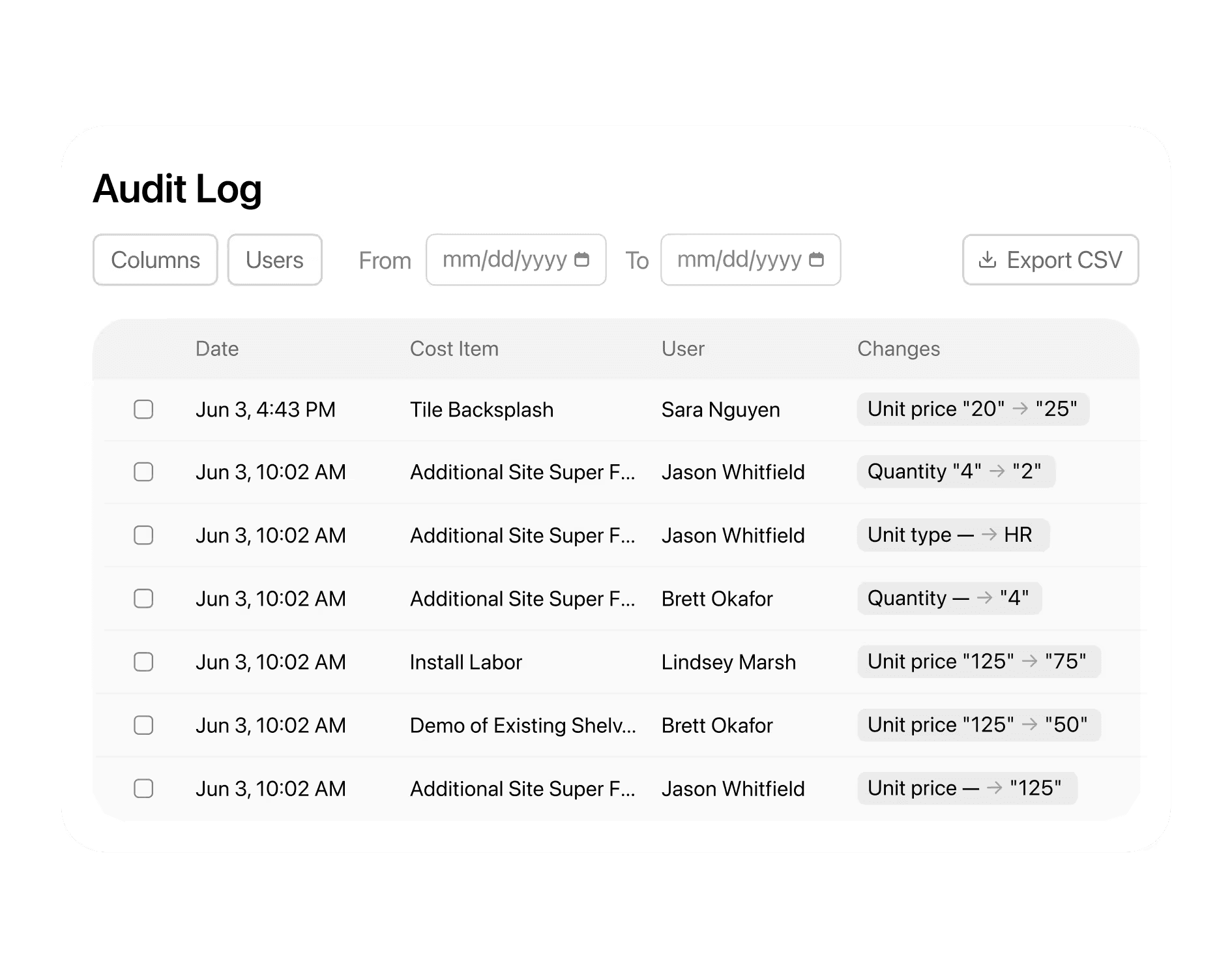 Change order audit log