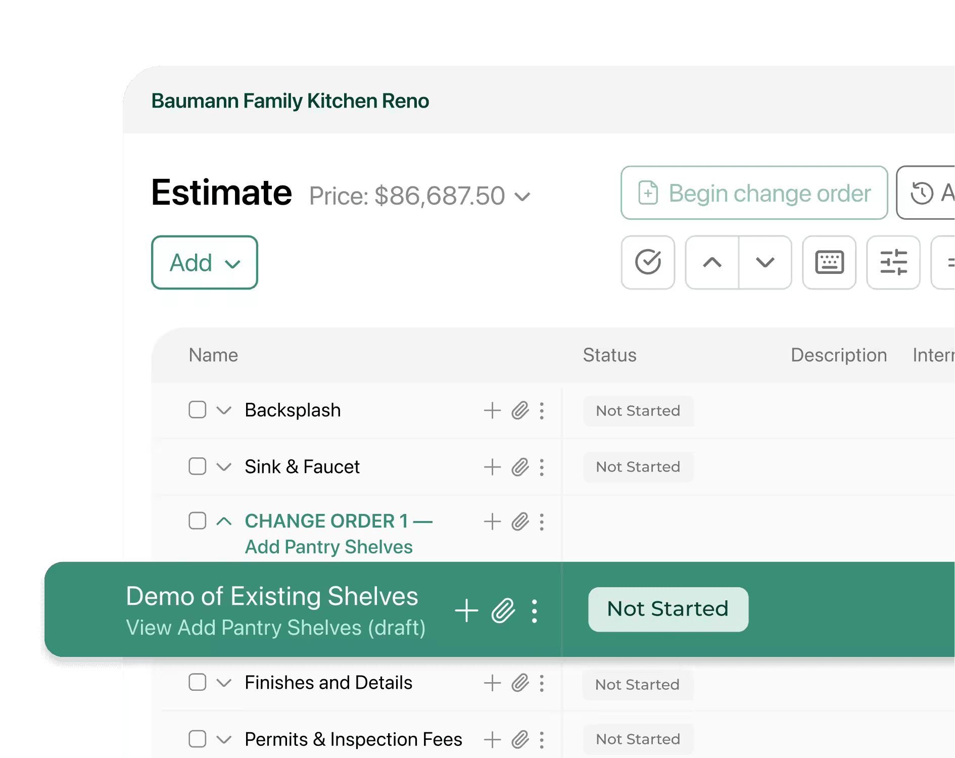 Estimate with change order item